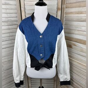 Vintage Western Wear Rodeo Banjo Dallas TX Black White Denim Crop Button Top  XL